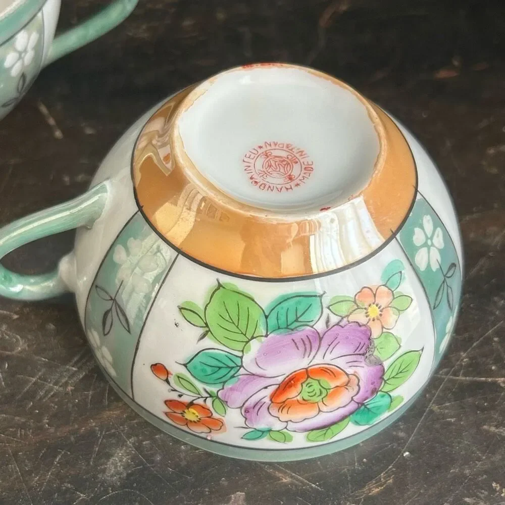 2 Vintage Hand Painted Lusterware Floral Tea Cups